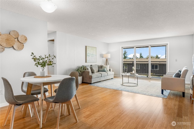 living room with light hardwood / wood-style floors and a textured ceiling