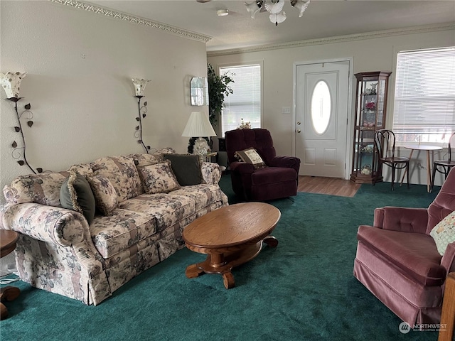 carpeted living room with ornamental molding