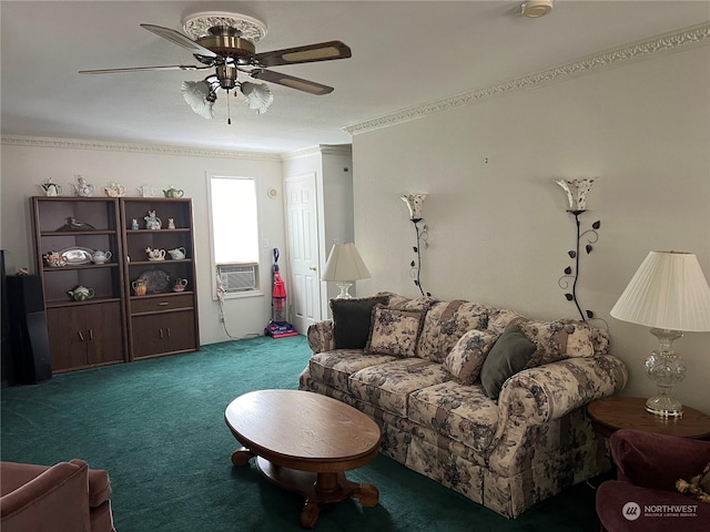 carpeted living room featuring cooling unit, ornamental molding, and ceiling fan