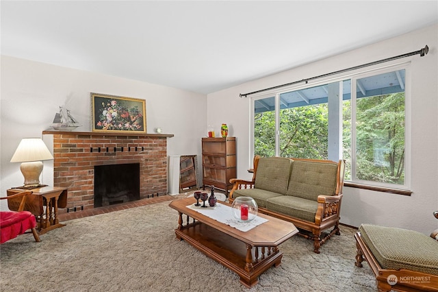 living room featuring a fireplace