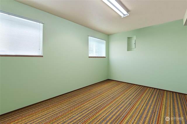 carpeted empty room featuring electric panel