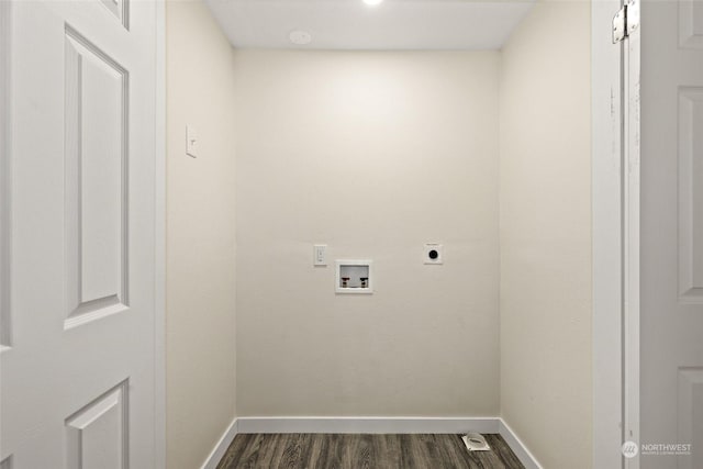 laundry room featuring electric dryer hookup, hookup for a washing machine, and dark hardwood / wood-style flooring