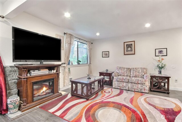 living area featuring a glass covered fireplace, wood finished floors, and recessed lighting