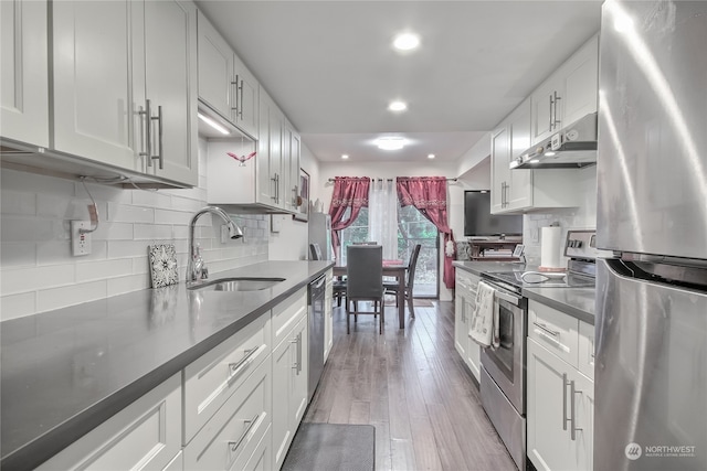 kitchen with under cabinet range hood, a sink, light wood-style floors, appliances with stainless steel finishes, and tasteful backsplash