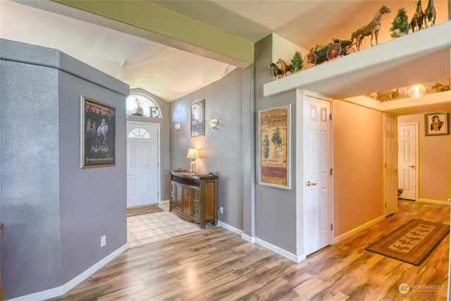 entryway featuring lofted ceiling and wood-type flooring