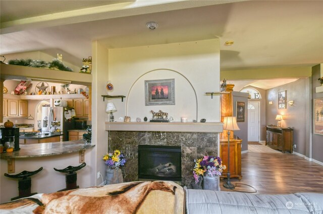 living room featuring hardwood / wood-style flooring, lofted ceiling, and a premium fireplace