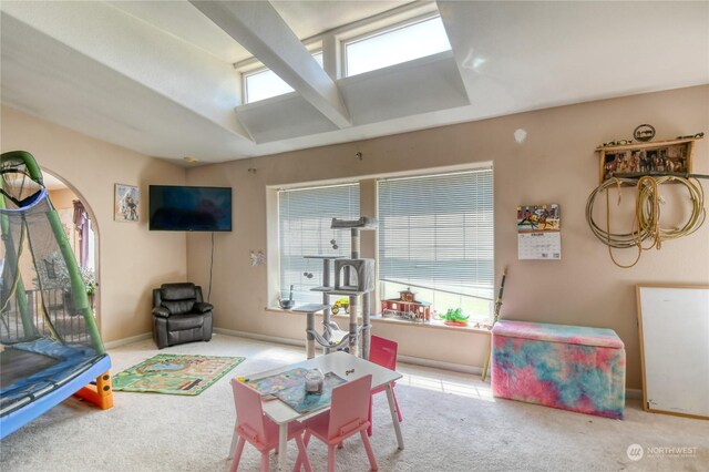 playroom featuring light colored carpet