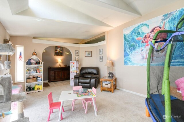 living room featuring vaulted ceiling and light colored carpet