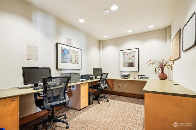 home office featuring light carpet