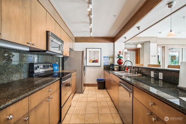 kitchen featuring pendant lighting, appliances with stainless steel finishes, light tile patterned floors, backsplash, and track lighting