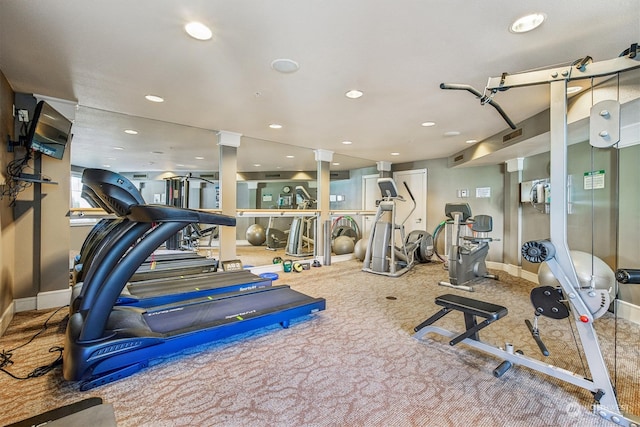 workout area featuring carpet flooring