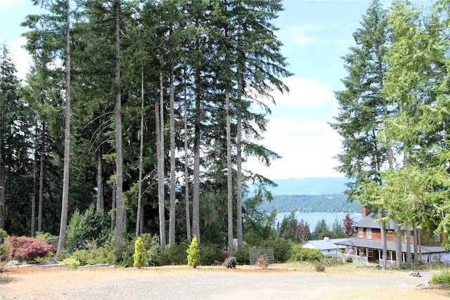 property view of water with a forest view and a mountain view