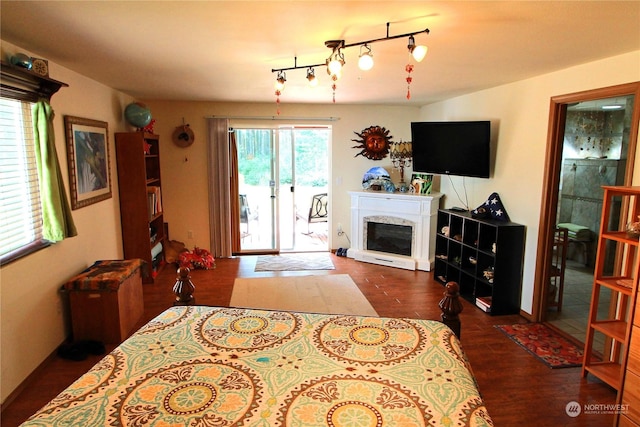 bedroom with a fireplace, baseboards, access to outside, dark wood-style floors, and ensuite bath