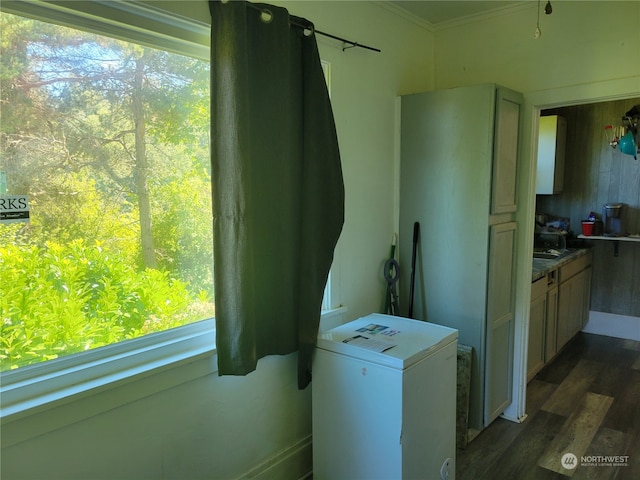 washroom featuring washer / clothes dryer, dark hardwood / wood-style flooring, and ornamental molding