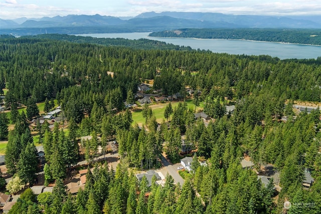 aerial view featuring a water and mountain view and a wooded view