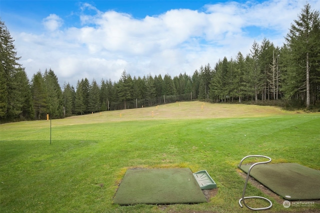 view of yard with a forest view