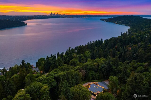 aerial view at dusk featuring a water view