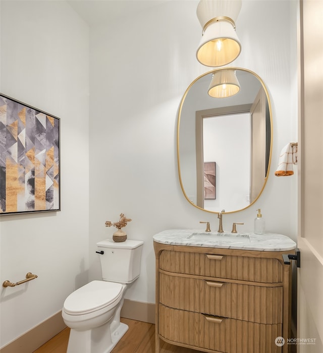 bathroom with hardwood / wood-style floors, vanity, and toilet