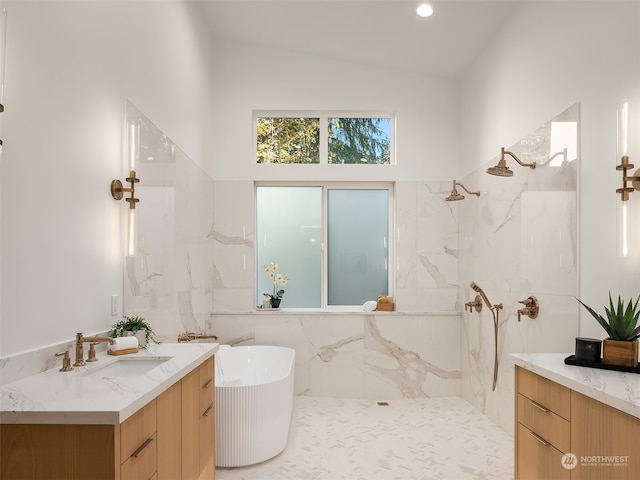 bathroom featuring vanity, separate shower and tub, and lofted ceiling