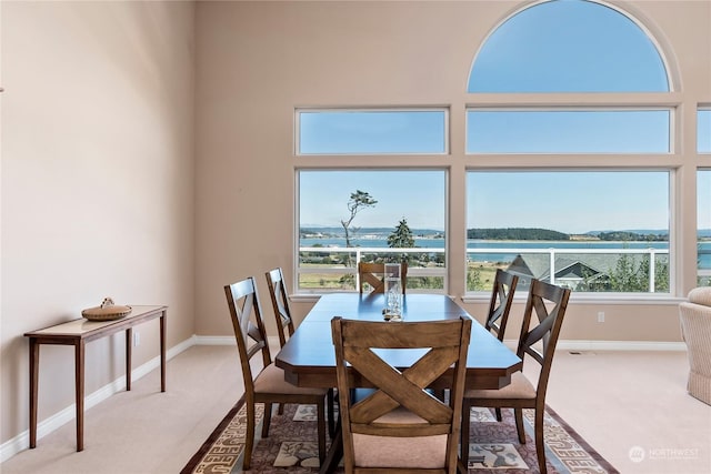 carpeted dining room featuring a towering ceiling and a water view