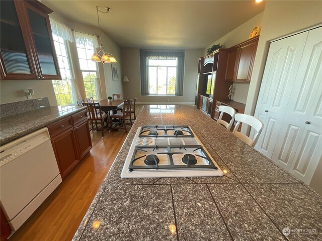 kitchen with dishwasher, hanging light fixtures, dark hardwood / wood-style floors, gas stovetop, and a chandelier