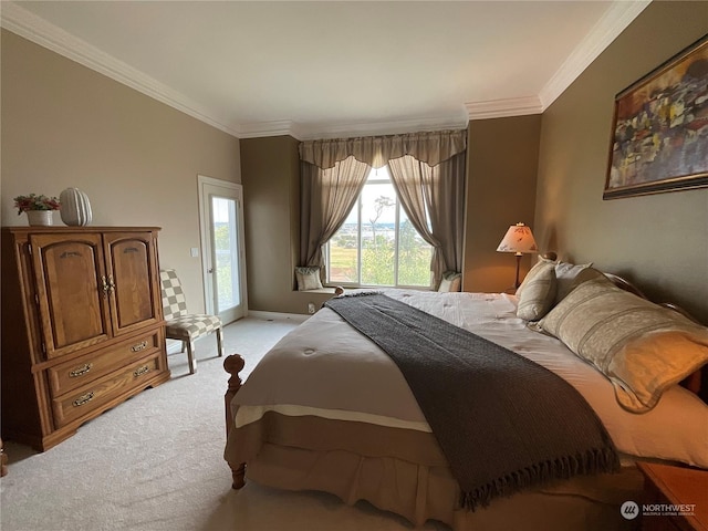 bedroom featuring access to outside, crown molding, and light carpet