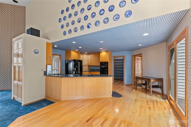 kitchen featuring sink, kitchen peninsula, black appliances, and light hardwood / wood-style floors