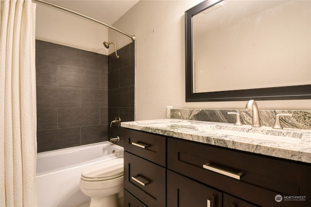 full bathroom featuring vanity, toilet, and shower / bathtub combination with curtain