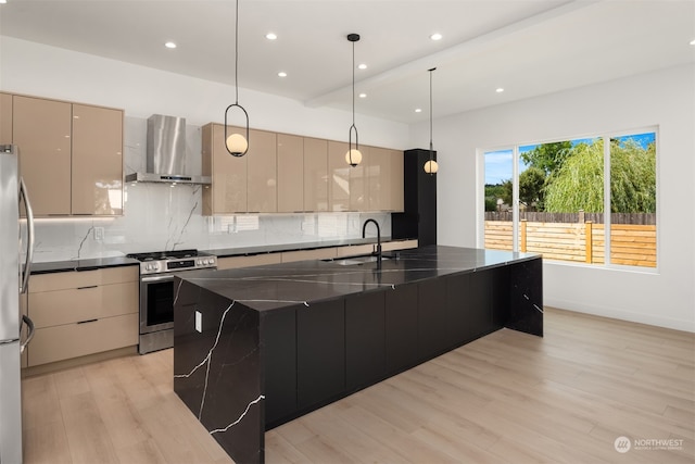 kitchen with wall chimney exhaust hood, sink, light hardwood / wood-style floors, appliances with stainless steel finishes, and backsplash