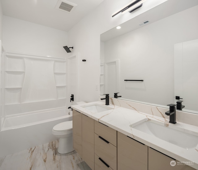 full bathroom with dual vanity, toilet, shower / bathing tub combination, and tile patterned flooring