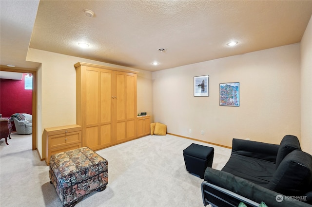 sitting room featuring a textured ceiling and light colored carpet