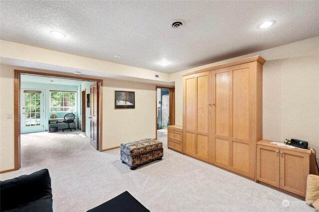 sitting room with light colored carpet and a textured ceiling