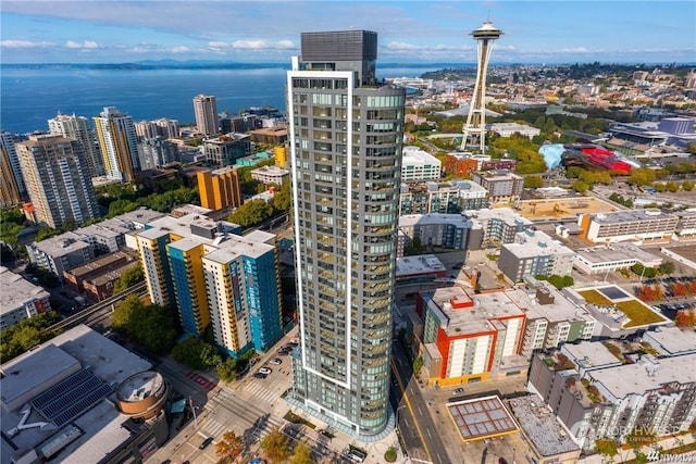 birds eye view of property featuring a water view