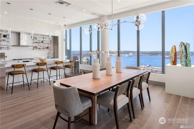 dining space featuring sink, wood-type flooring, and a water view