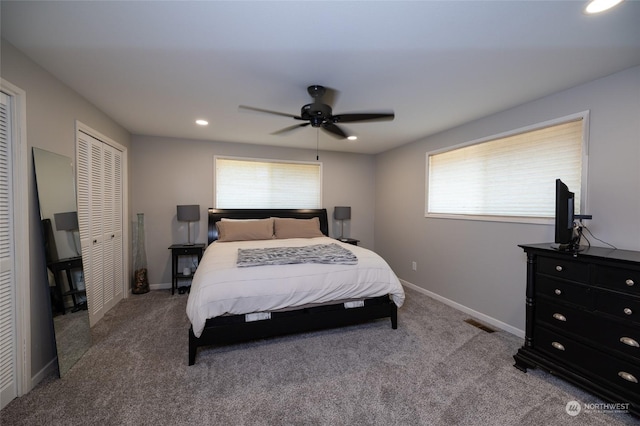 bedroom featuring carpet, baseboards, visible vents, ceiling fan, and recessed lighting