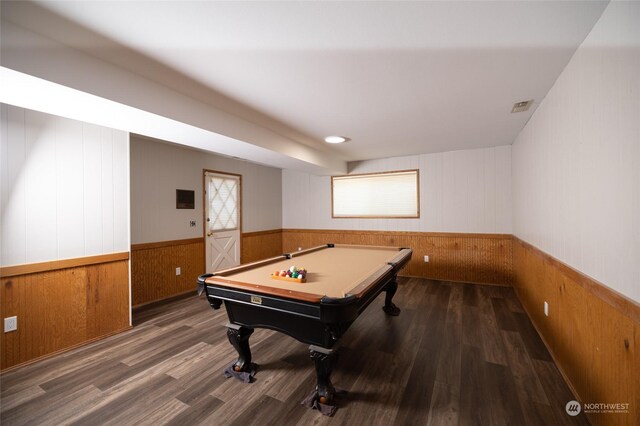 game room featuring wainscoting, billiards, wood finished floors, and wood walls