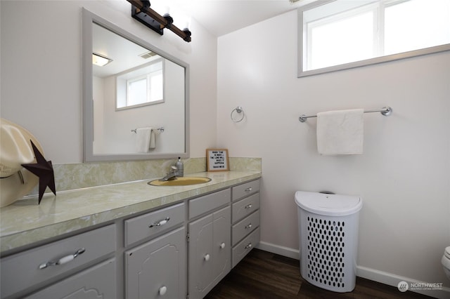 bathroom with baseboards, wood finished floors, toilet, and vanity
