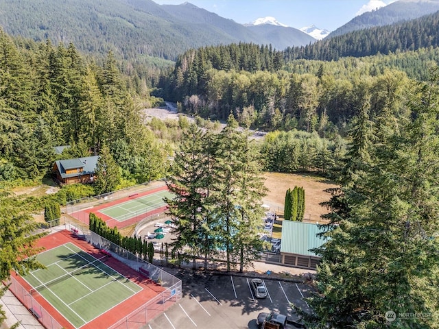 aerial view featuring a forest view and a mountain view