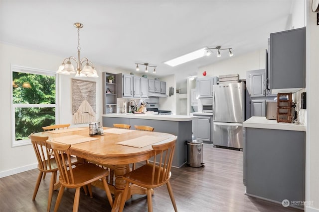 dining area featuring rail lighting, a notable chandelier, baseboards, and wood finished floors