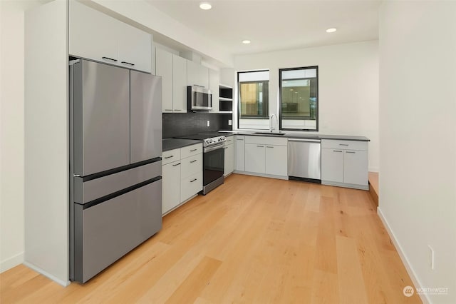 kitchen featuring appliances with stainless steel finishes, white cabinetry, sink, backsplash, and light hardwood / wood-style flooring