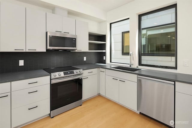 kitchen featuring white cabinetry, appliances with stainless steel finishes, sink, and light wood-type flooring