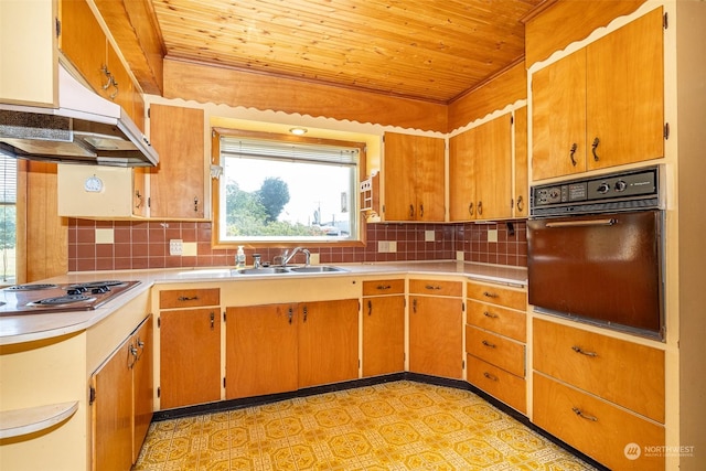 kitchen featuring wooden ceiling, sink, oven, and decorative backsplash