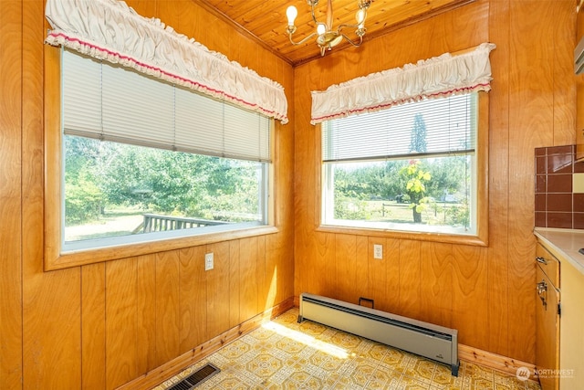 spare room with a baseboard radiator, wooden ceiling, an inviting chandelier, and wood walls