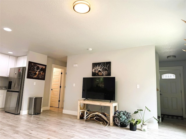 living room with a textured ceiling and light hardwood / wood-style floors