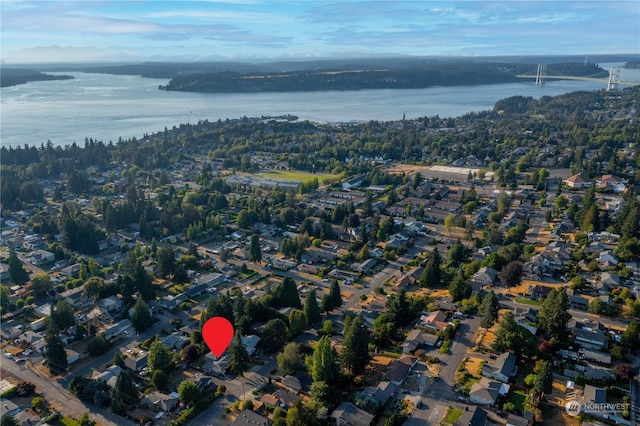 drone / aerial view with a water view