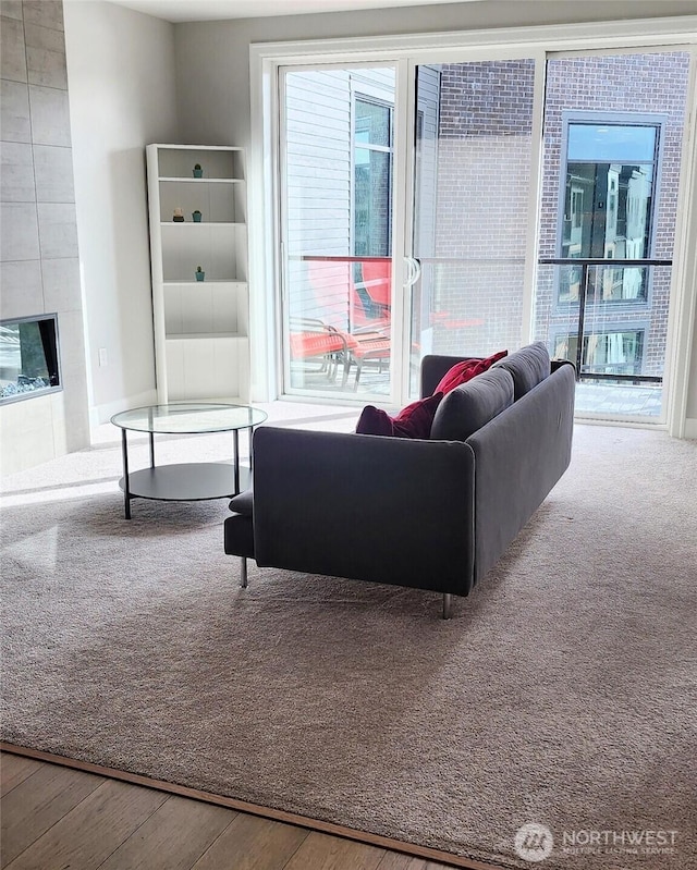 living room featuring a tiled fireplace and wood finished floors
