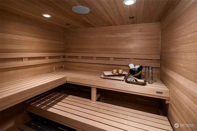 3263 Evergreen Point Rd, Medina, WA 98039 - sauna featuring recessed lighting, wooden ceiling, and wood walls