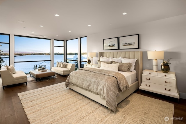 3263 Evergreen Point Rd, Medina, WA 98039 - bedroom featuring hardwood / wood-style floors, recessed lighting, a water view, floor to ceiling windows, and access to outside