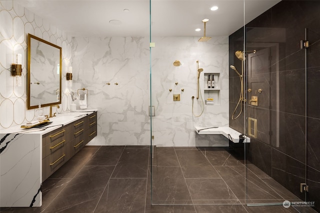 3263 Evergreen Point Rd, Medina, WA 98039 - full bath with vanity, a marble finish shower, and recessed lighting