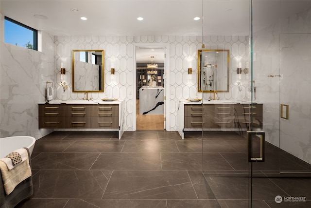 3263 Evergreen Point Rd, Medina, WA 98039 - bathroom featuring marble tiled flooring, vanity, a freestanding tub, and a shower stall